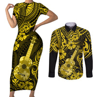 Hawaii Ukulele Couples Matching Short Sleeve Bodycon Dress and Long Sleeve Button Shirts Polynesian Pattern Yellow Version LT01 Yellow - Polynesian Pride