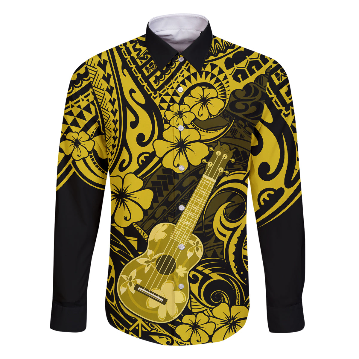 Hawaii Ukulele Family Matching Tank Maxi Dress and Hawaiian Shirt Polynesian Pattern Yellow Version LT01 Dad's Shirt - Long Sleeve Yellow - Polynesian Pride