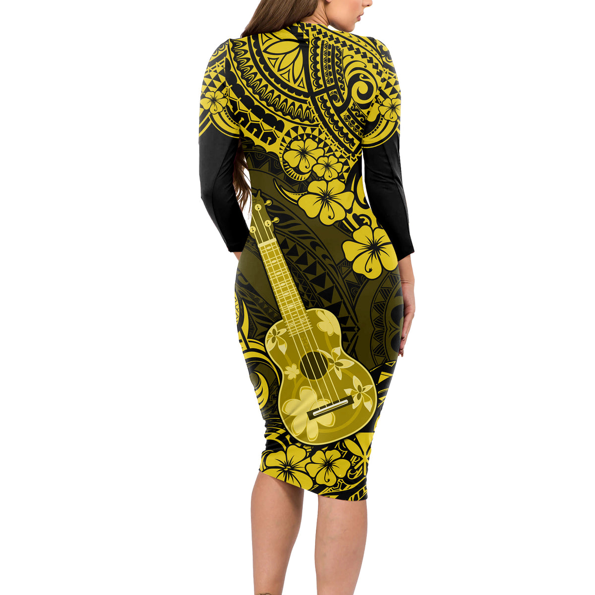 Hawaii Ukulele Long Sleeve Bodycon Dress Polynesian Pattern Yellow Version LT01 - Polynesian Pride
