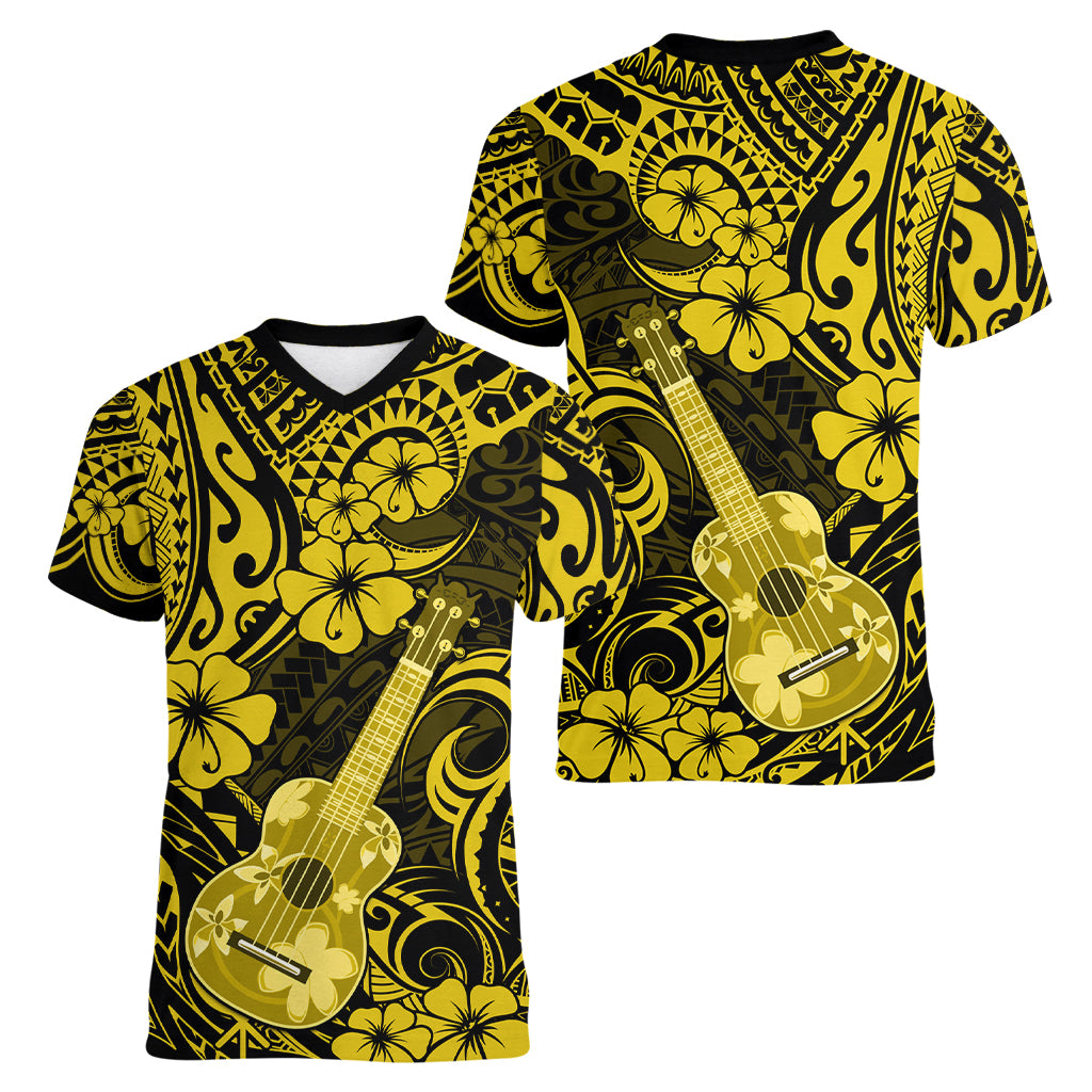 Hawaii Ukulele Women V Neck T Shirt Polynesian Pattern Yellow Version LT01 - Polynesian Pride