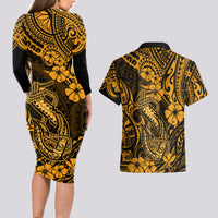 Hawaii Fish Hook Couples Matching Long Sleeve Bodycon Dress and Hawaiian Shirt Polynesian Pattern Gold Version LT01 - Polynesian Pride