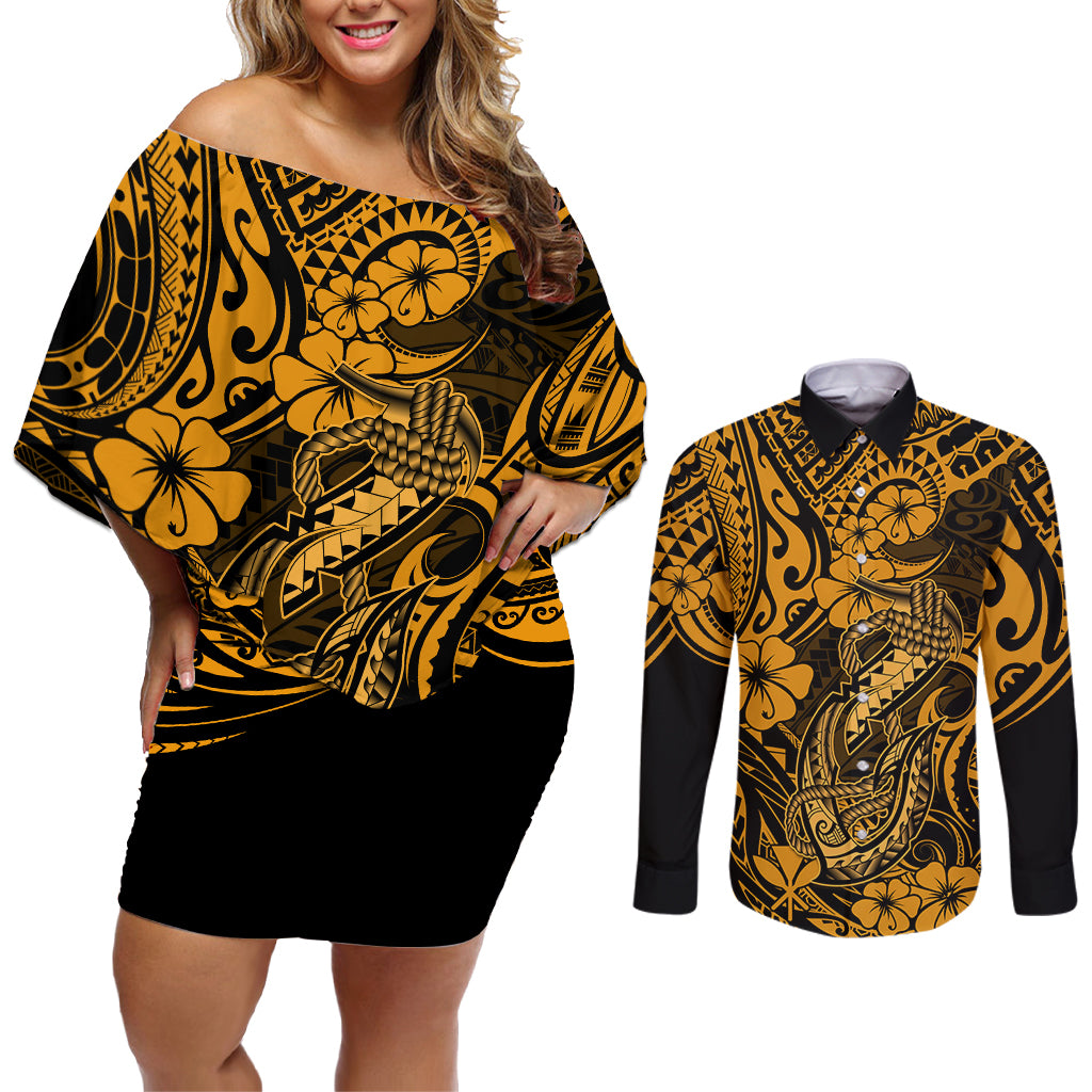 Hawaii Fish Hook Couples Matching Off Shoulder Short Dress and Long Sleeve Button Shirts Polynesian Pattern Gold Version LT01 Gold - Polynesian Pride