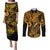 Hawaii Fish Hook Couples Matching Puletasi Dress and Long Sleeve Button Shirts Polynesian Pattern Gold Version LT01 Gold - Polynesian Pride