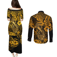 Hawaii Fish Hook Couples Matching Puletasi Dress and Long Sleeve Button Shirts Polynesian Pattern Gold Version LT01 - Polynesian Pride
