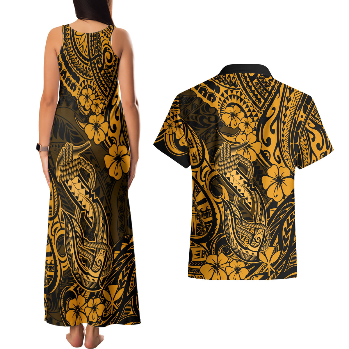 Hawaii Fish Hook Couples Matching Tank Maxi Dress and Hawaiian Shirt Polynesian Pattern Gold Version LT01 - Polynesian Pride