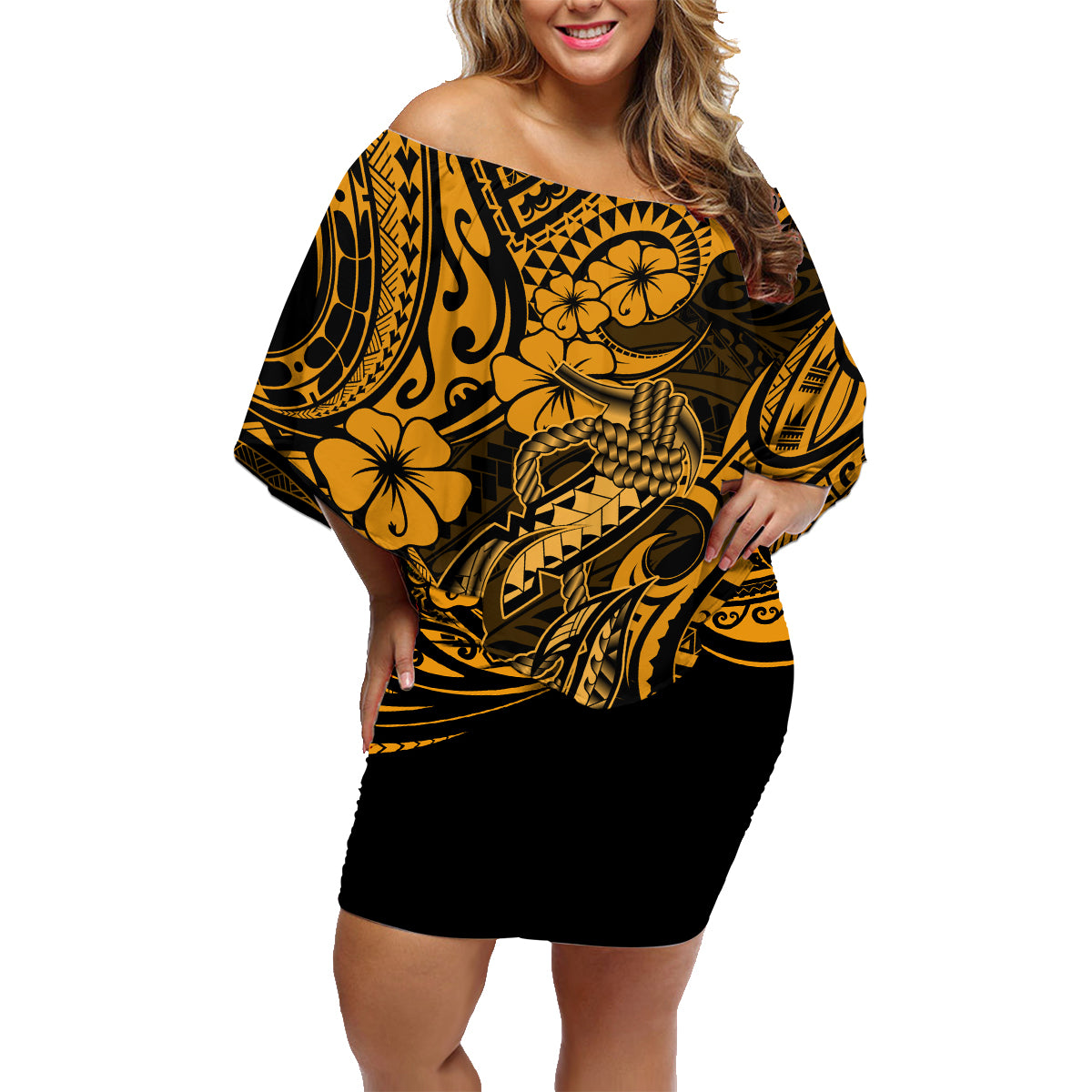 Hawaii Fish Hook Family Matching Off Shoulder Short Dress and Hawaiian Shirt Polynesian Pattern Gold Version LT01 Mom's Dress Gold - Polynesian Pride