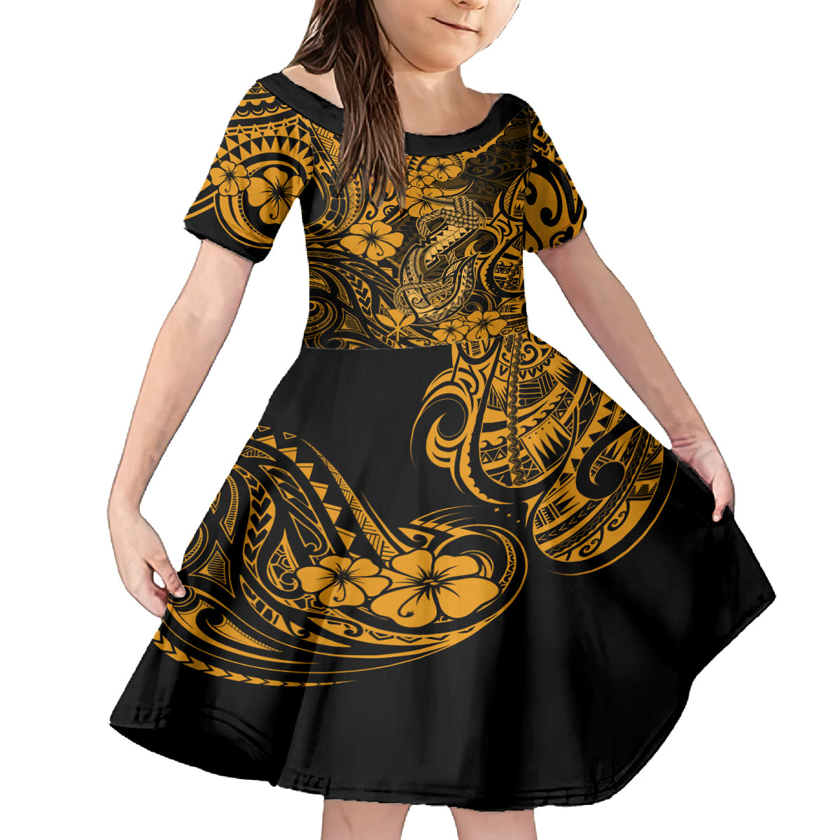 Hawaii Fish Hook Kid Short Sleeve Dress Polynesian Pattern Gold Version LT01 KID Gold - Polynesian Pride