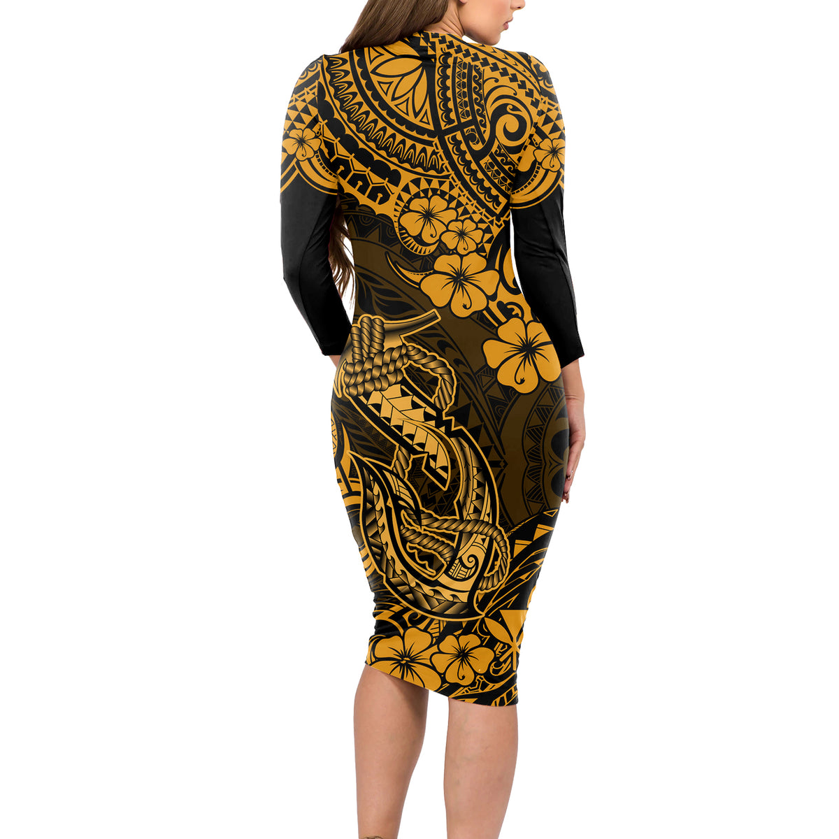 Hawaii Fish Hook Long Sleeve Bodycon Dress Polynesian Pattern Gold Ver - Polynesian Pride Hawaii Fish Hook Long Sleeve Bodycon Dress Polynesian Pattern Gold Ver - Polynesian Pride