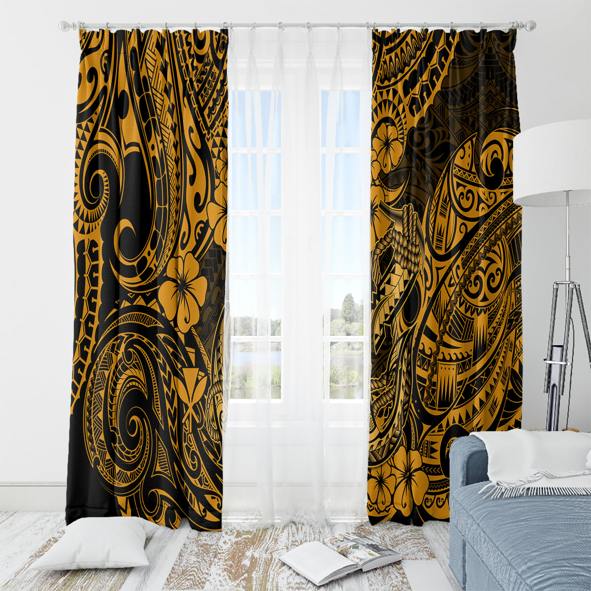 Hawaii Fish Hook Window Curtain Polynesian Pattern Gold Version LT01 - Polynesian Pride
