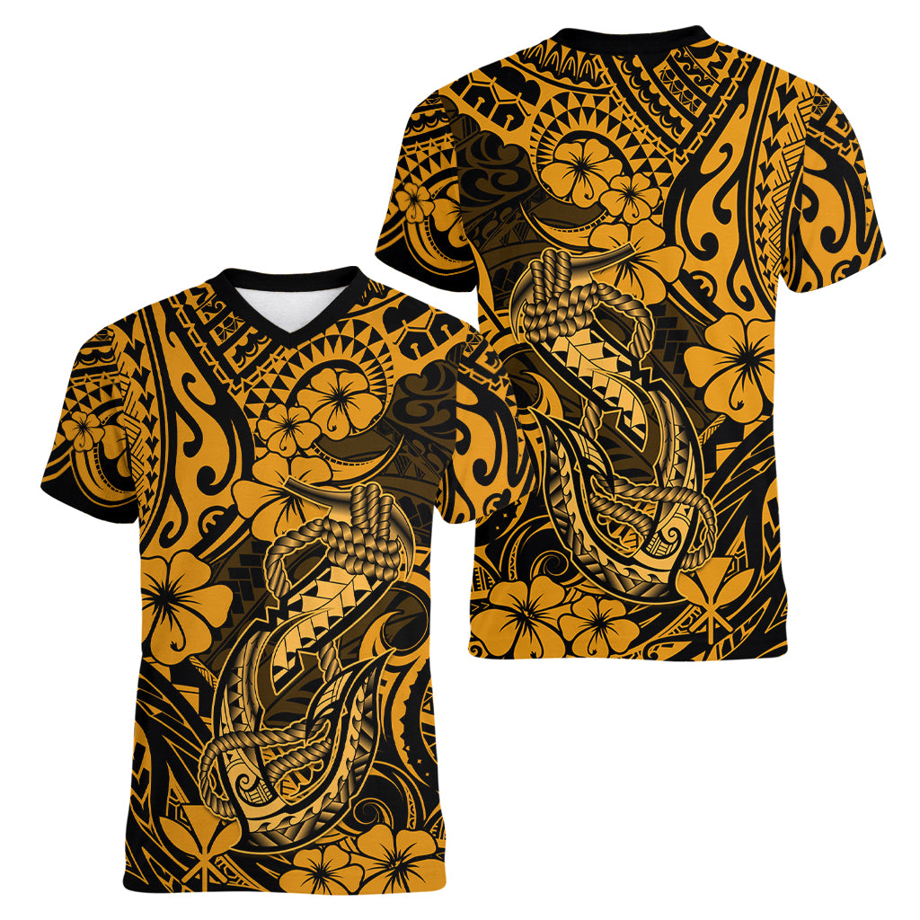 Hawaii Fish Hook Women V Neck T Shirt Polynesian Pattern Gold Version LT01 - Polynesian Pride