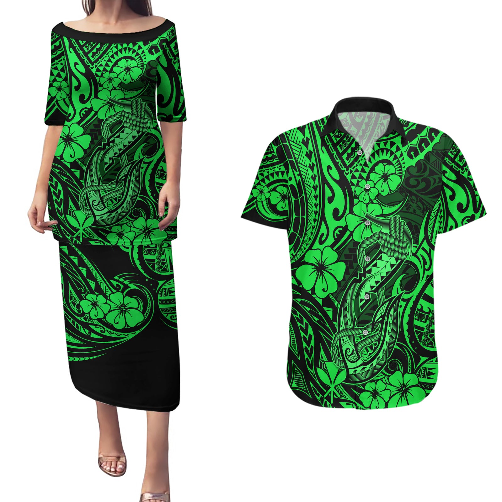 Hawaii Fish Hook Couples Matching Puletasi Dress and Hawaiian Shirt Polynesian Pattern Green Version LT01 Green - Polynesian Pride