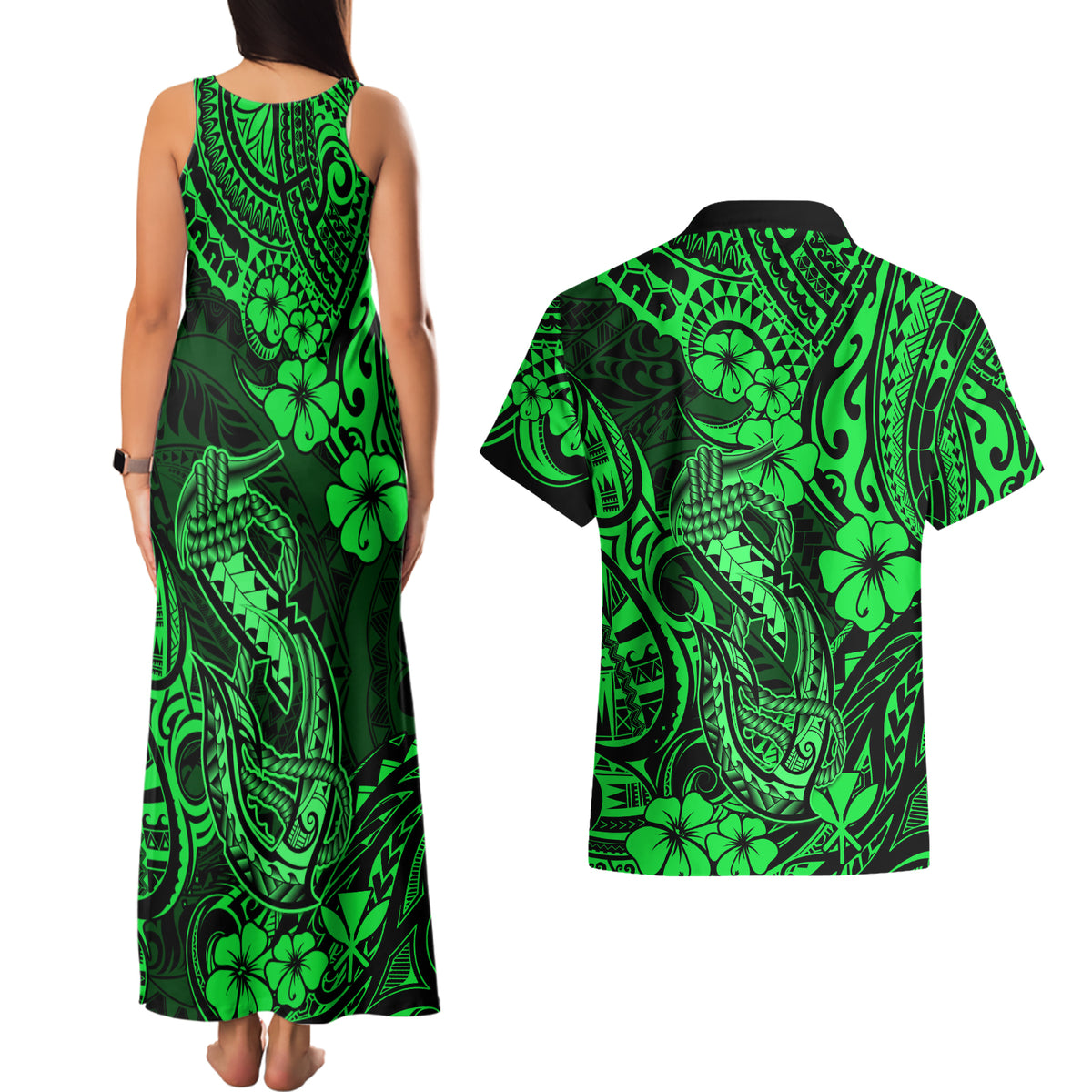 Hawaii Fish Hook Couples Matching Tank Maxi Dress and Hawaiian Shirt Polynesian Pattern Green Version LT01 - Polynesian Pride