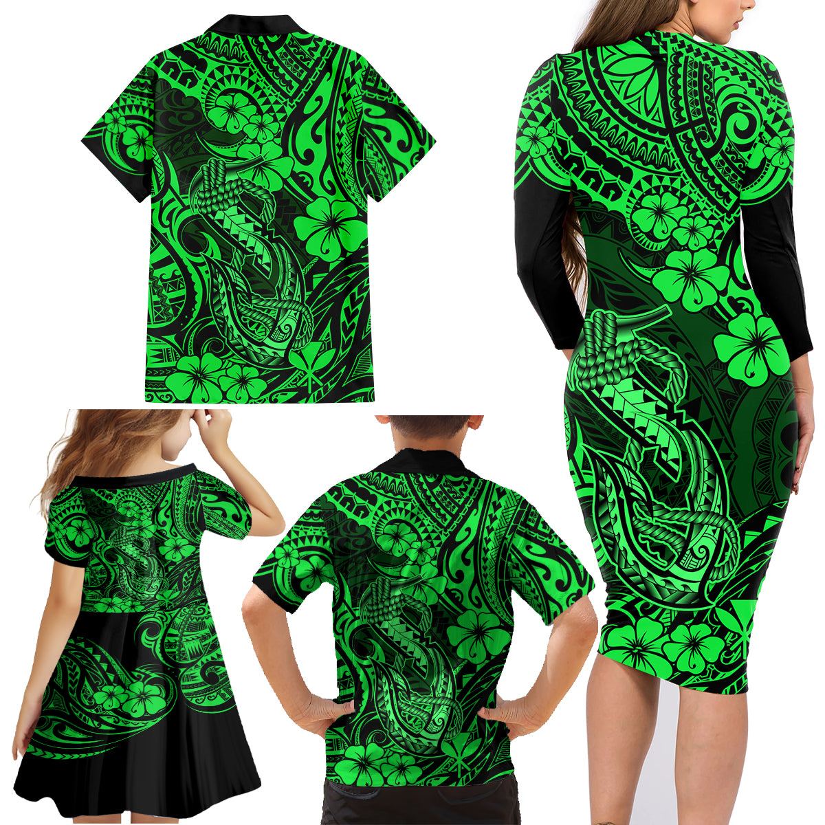 Hawaii Fish Hook Family Matching Long Sleeve Bodycon Dress and Hawaiian Shirt Polynesian Pattern Green Version LT01 - Polynesian Pride