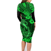 Hawaii Fish Hook Family Matching Long Sleeve Bodycon Dress and Hawaiian Shirt Polynesian Pattern Green Version LT01 - Polynesian Pride