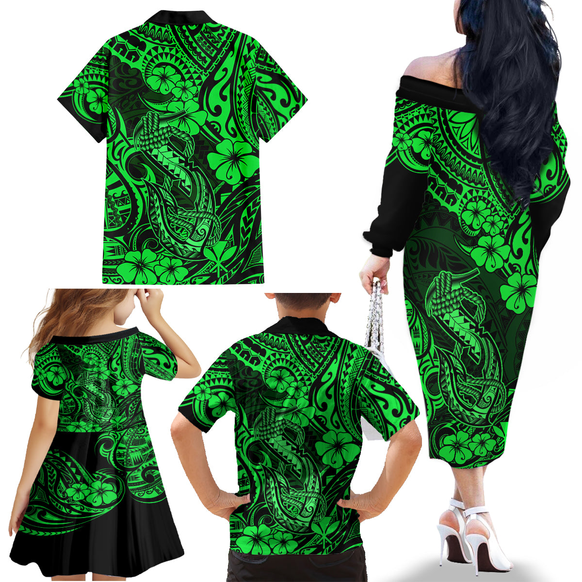 Hawaii Fish Hook Family Matching Off Shoulder Long Sleeve Dress and Hawaiian Shirt Polynesian Pattern Green Version LT01 - Polynesian Pride