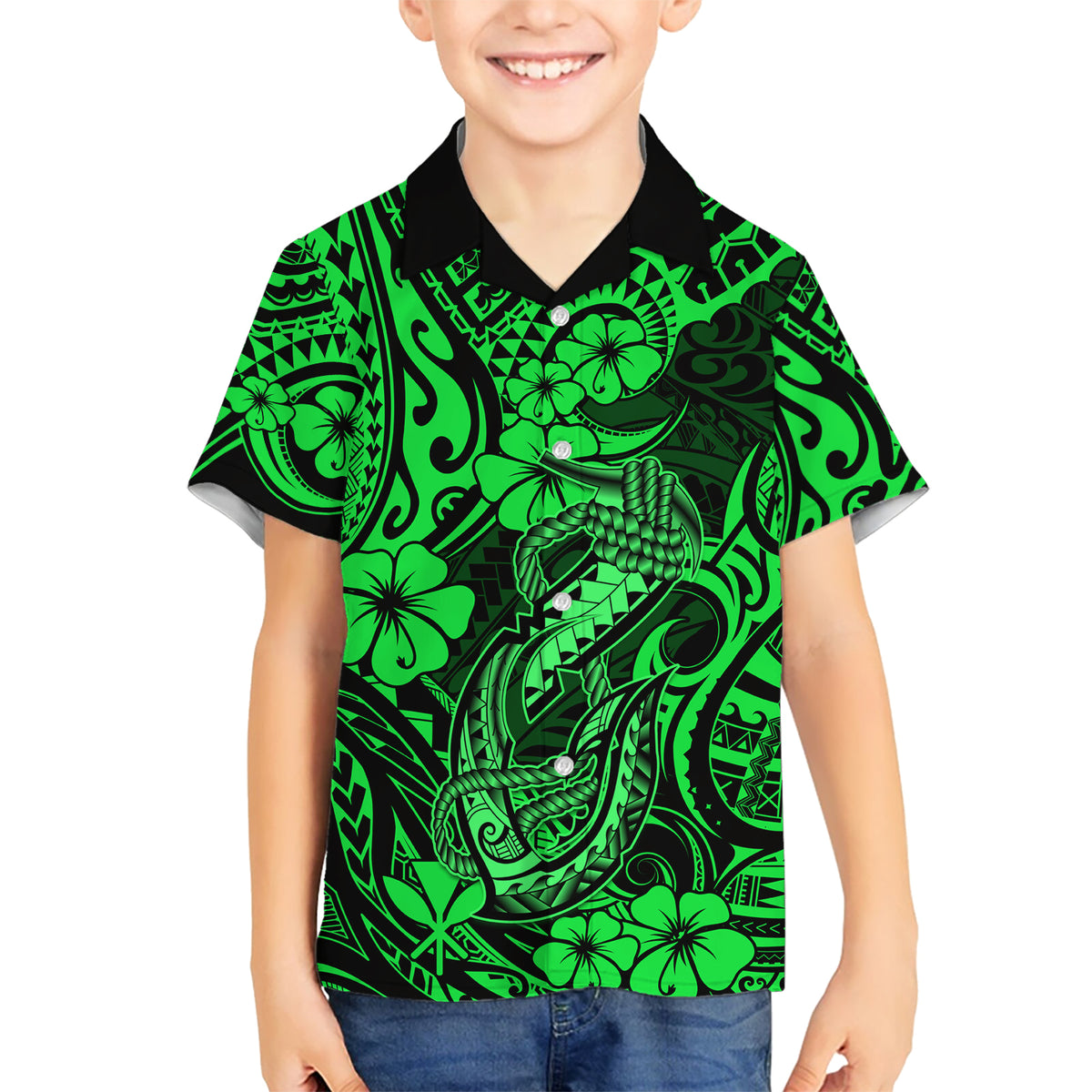 Hawaii Fish Hook Kid Hawaiian Shirt Polynesian Pattern Green Version LT01 Kid Green - Polynesian Pride