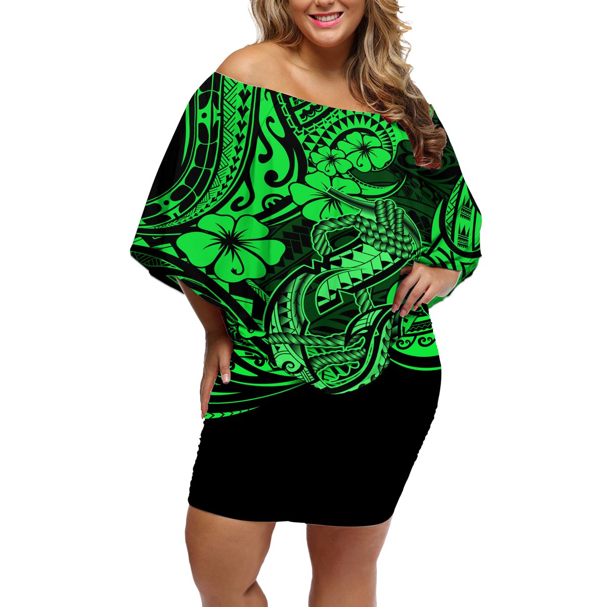 Hawaii Fish Hook Off Shoulder Short Dress Polynesian Pattern Green Ver - Polynesian Pride Hawaii Fish Hook Off Shoulder Short Dress Polynesian Pattern Green Ver - Polynesian Pride