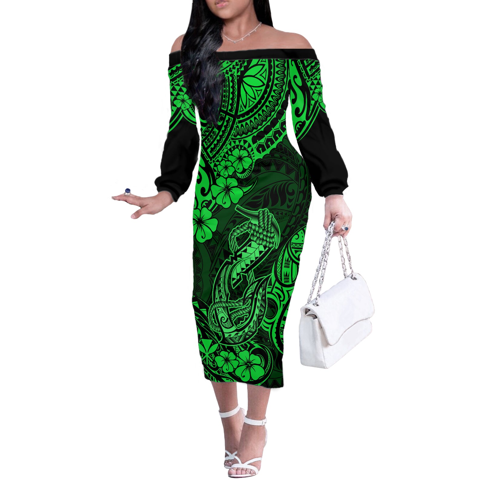 Hawaii Fish Hook Off The Shoulder Long Sleeve Dress Polynesian Pattern Green Version LT01 Women Green - Polynesian Pride