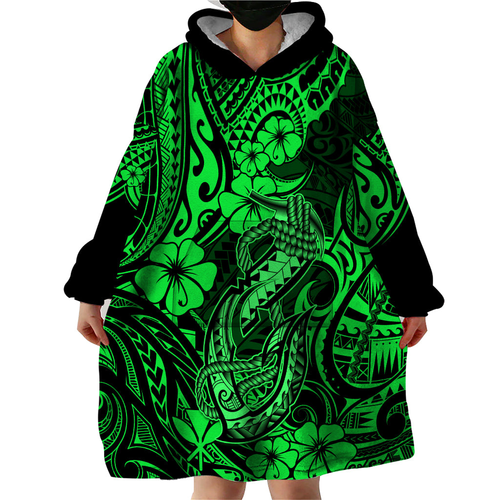 Hawaii Fish Hook Wearable Blanket Hoodie Polynesian Pattern Green Version LT01 - Polynesian Pride