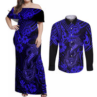 Hawaii Fish Hook Couples Matching Off Shoulder Maxi Dress and Long Sleeve Button Shirts Polynesian Pattern Navy Blue Version LT01 Blue - Polynesian Pride