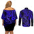 Hawaii Fish Hook Couples Matching Off Shoulder Short Dress and Long Sleeve Button Shirts Polynesian Pattern Navy Blue Version LT01 - Polynesian Pride