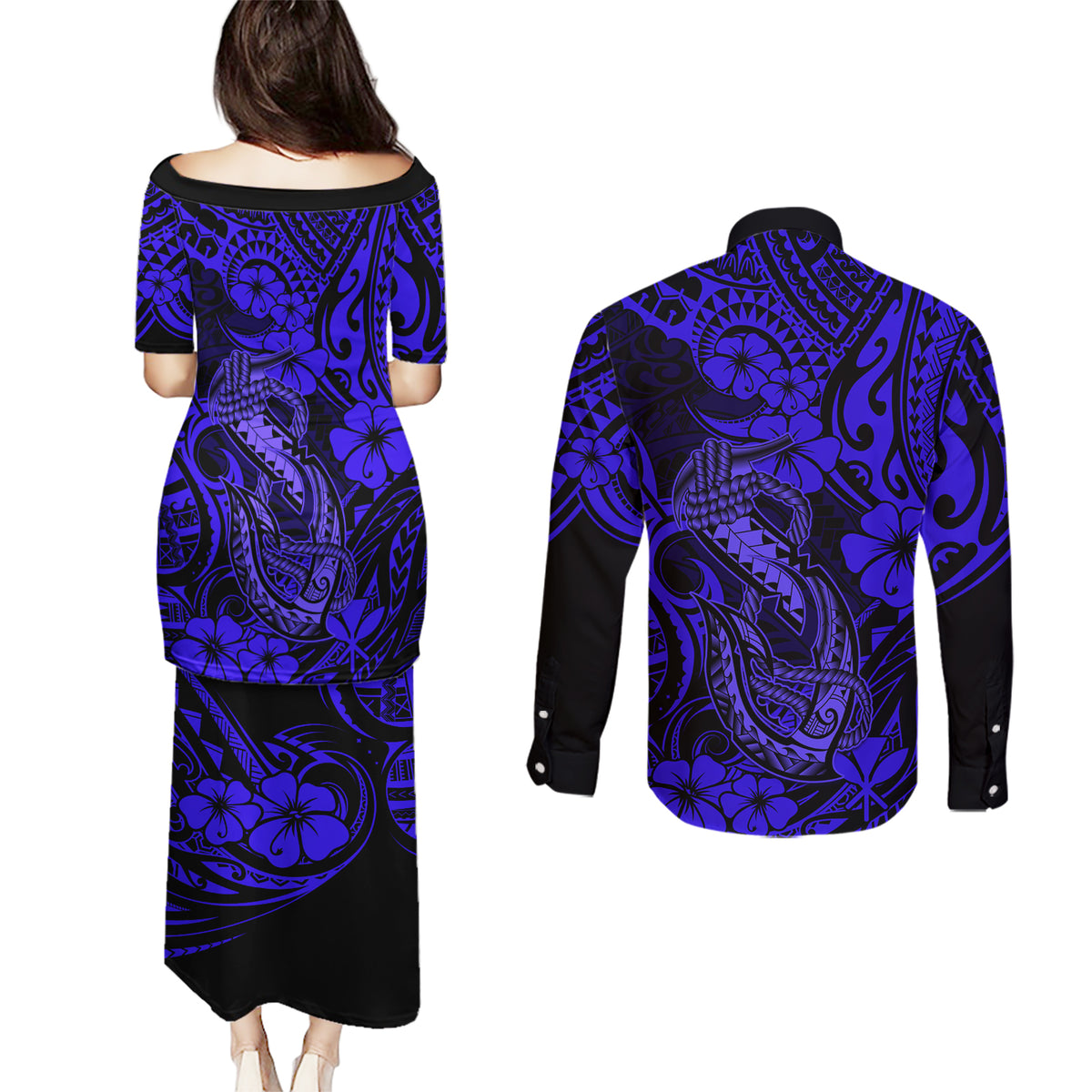 Hawaii Fish Hook Couples Matching Puletasi Dress and Long Sleeve Button Shirts Polynesian Pattern Navy Blue Version LT01 - Polynesian Pride