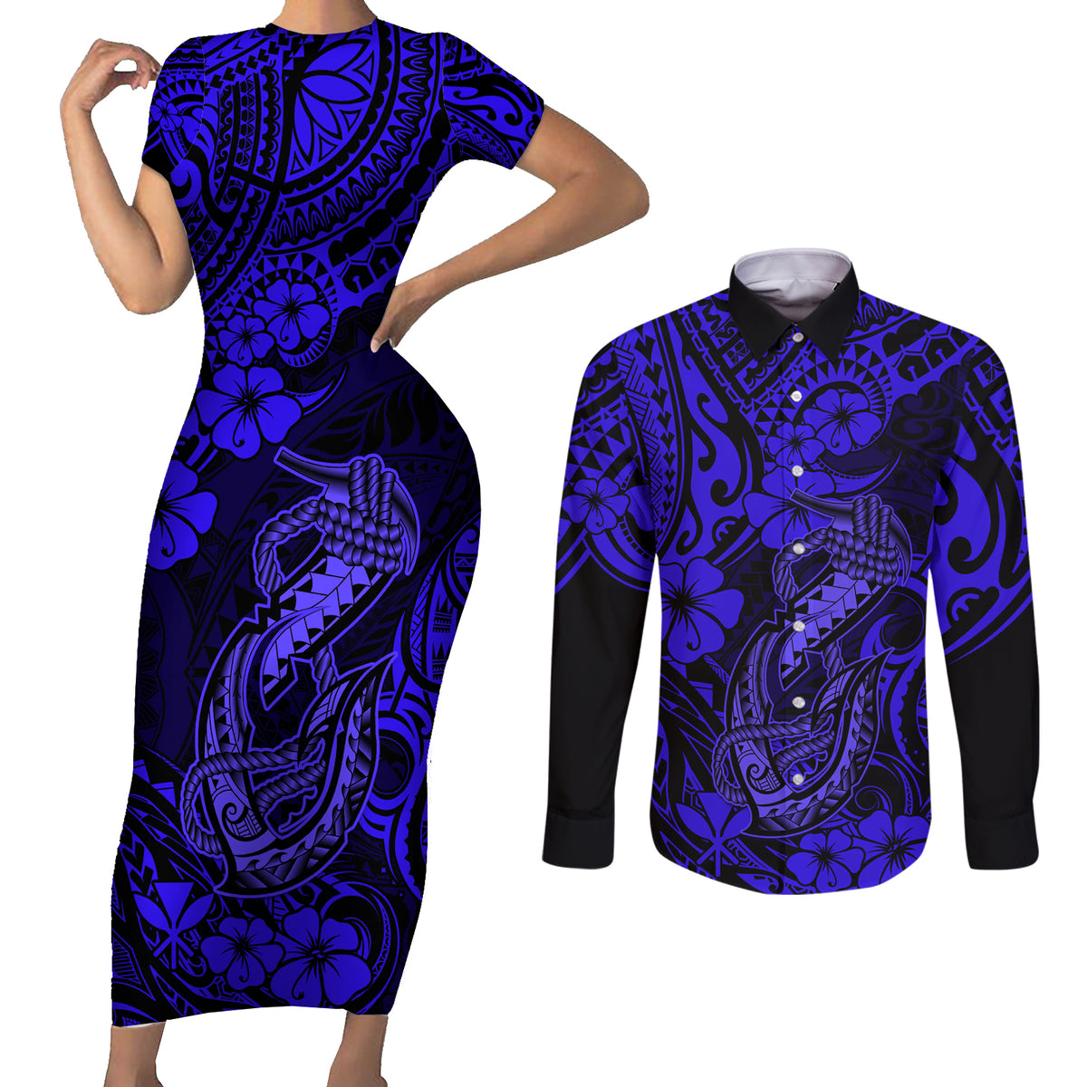 Hawaii Fish Hook Couples Matching Short Sleeve Bodycon Dress and Long Sleeve Button Shirts Polynesian Pattern Navy Blue Version LT01 Blue - Polynesian Pride