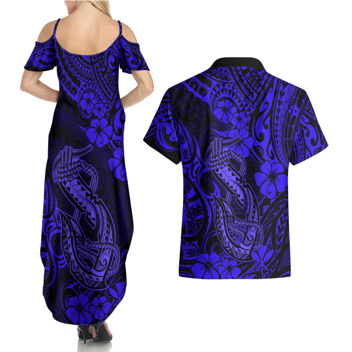 Hawaii Fish Hook Couples Matching Summer Maxi Dress and Hawaiian Shirt Polynesian Pattern Navy Blue Version LT01 - Polynesian Pride