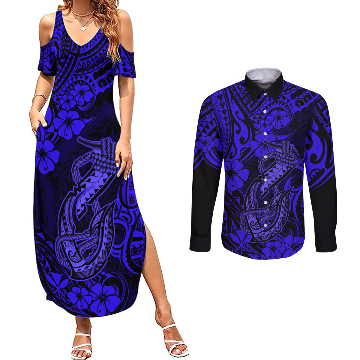 Hawaii Fish Hook Couples Matching Summer Maxi Dress and Long Sleeve Button Shirts Polynesian Pattern Navy Blue Version LT01 Blue - Polynesian Pride
