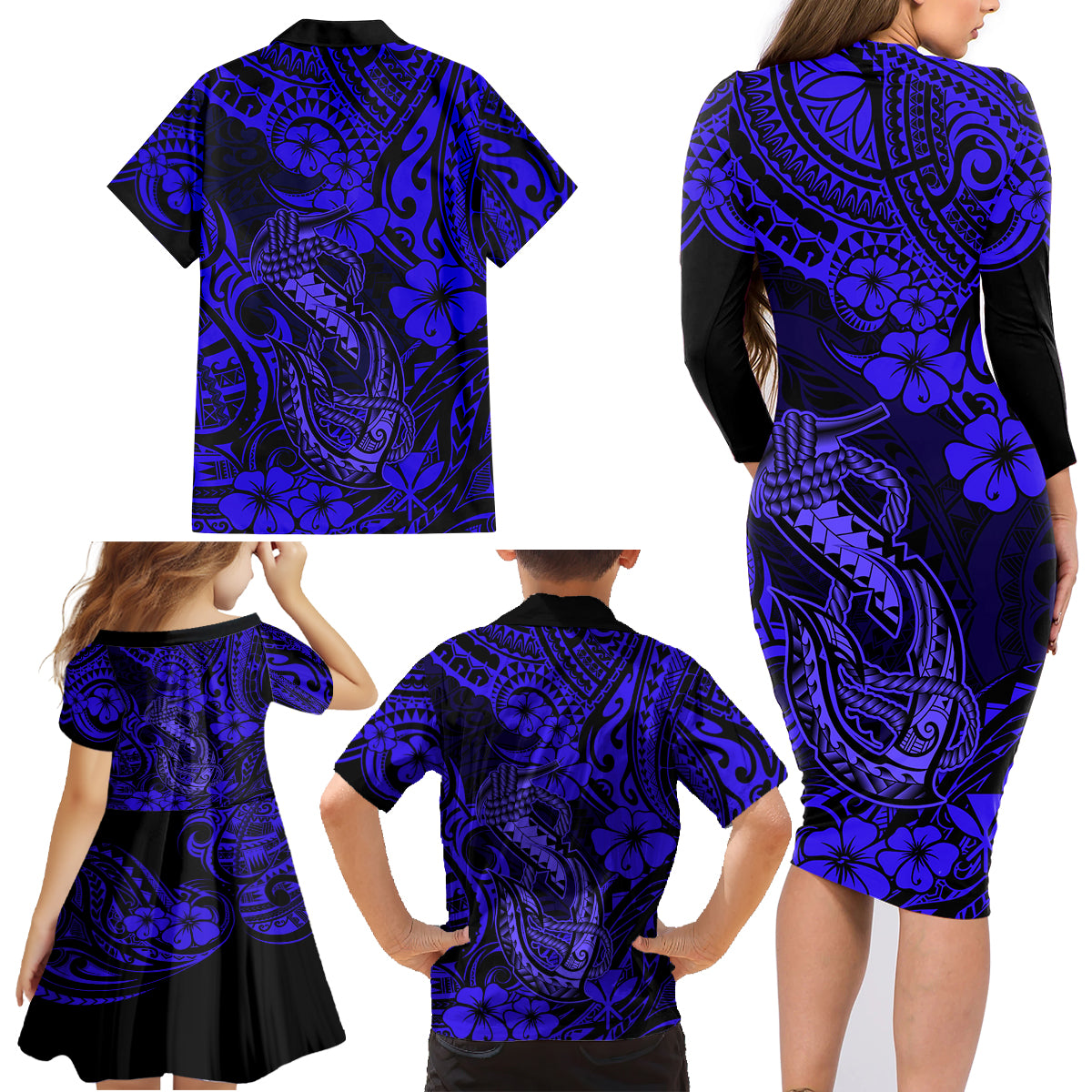 Hawaii Fish Hook Family Matching Long Sleeve Bodycon Dress and Hawaiian Shirt Polynesian Pattern Navy Blue Version LT01 - Polynesian Pride