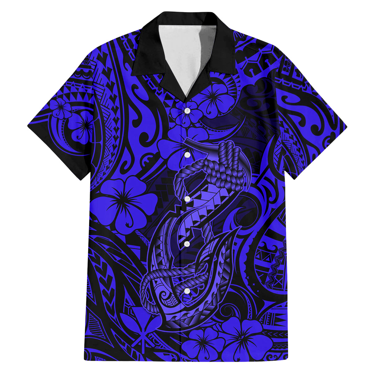 Hawaii Fish Hook Family Matching Mermaid Dress and Hawaiian Shirt Polynesian Pattern Navy Blue Version LT01 Dad's Shirt - Short Sleeve Blue - Polynesian Pride