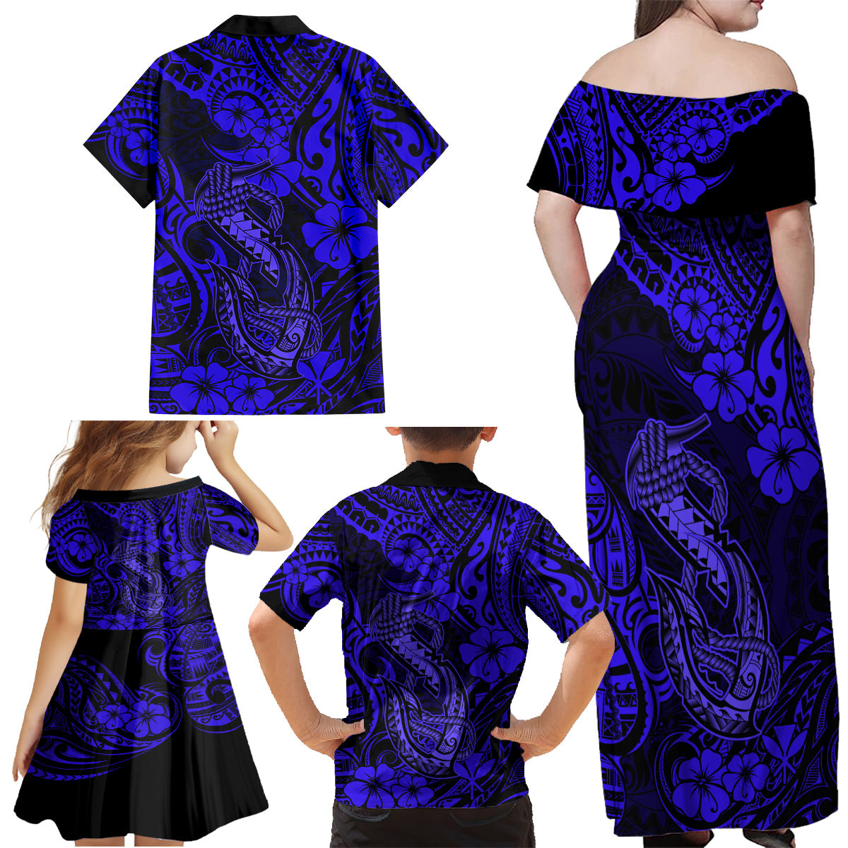 Hawaii Fish Hook Family Matching Off Shoulder Maxi Dress and Hawaiian Shirt Polynesian Pattern Navy Blue Version LT01 - Polynesian Pride