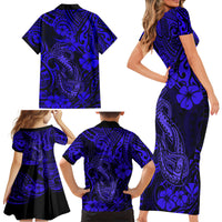 Hawaii Fish Hook Family Matching Short Sleeve Bodycon Dress and Hawaiian Shirt Polynesian Pattern Navy Blue Version LT01 - Polynesian Pride