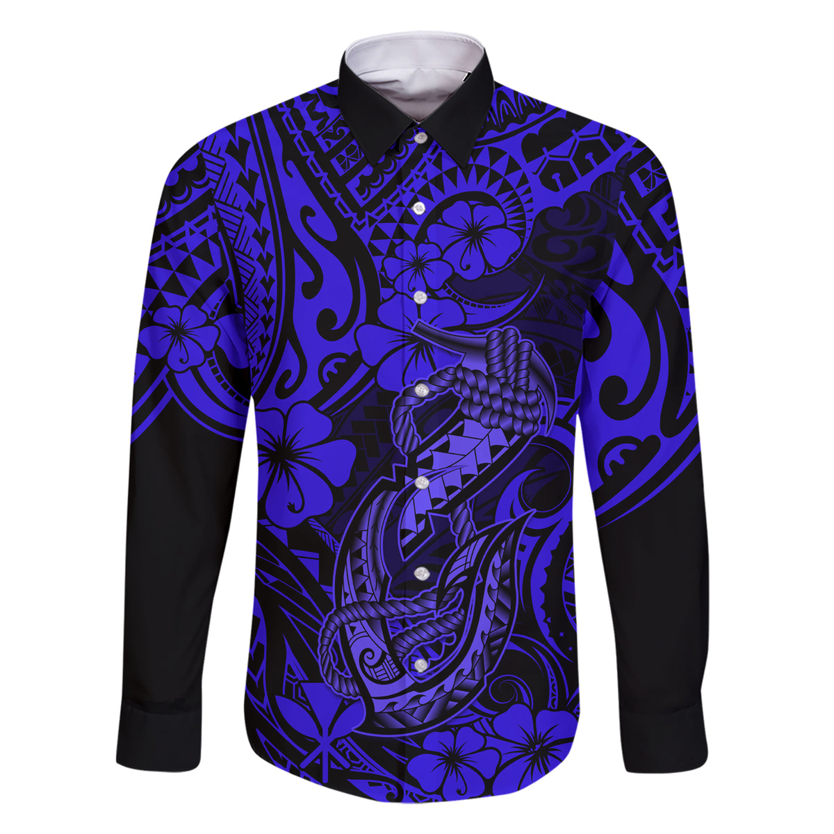Hawaii Fish Hook Family Matching Short Sleeve Bodycon Dress and Hawaiian Shirt Polynesian Pattern Navy Blue Version LT01 Dad's Shirt - Long Sleeve Blue - Polynesian Pride