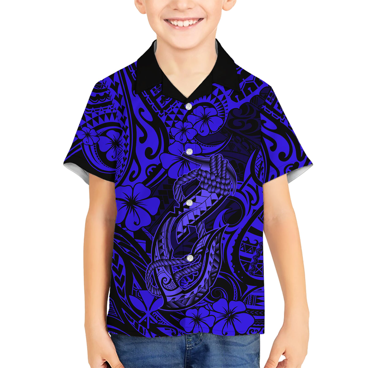 Hawaii Fish Hook Family Matching Short Sleeve Bodycon Dress and Hawaiian Shirt Polynesian Pattern Navy Blue Version LT01 Son's Shirt Blue - Polynesian Pride