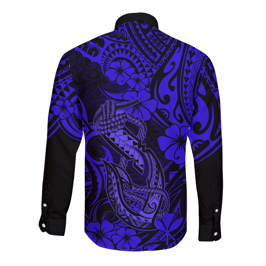 Hawaii Fish Hook Long Sleeve Button Shirt Polynesian Pattern Navy Blue Version LT01 - Polynesian Pride