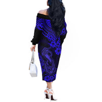 Hawaii Fish Hook Off The Shoulder Long Sleeve Dress Polynesian Pattern Navy Blue Version LT01 - Polynesian Pride