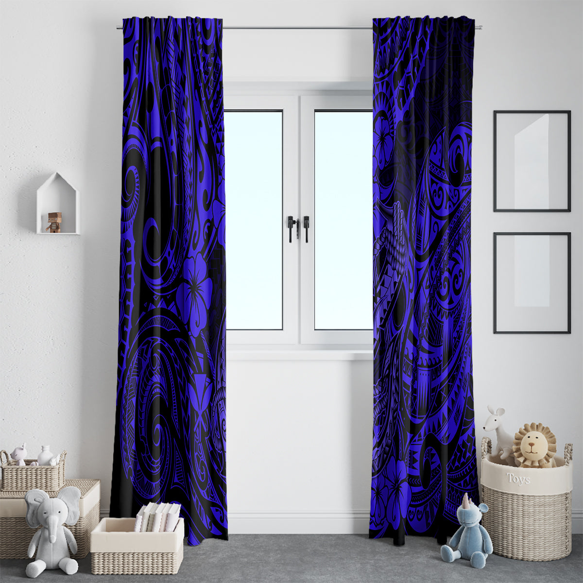 Hawaii Fish Hook Window Curtain Polynesian Pattern Navy Blue Version L