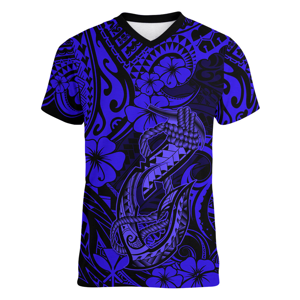 Hawaii Fish Hook Women V Neck T Shirt Polynesian Pattern Navy Blue Version LT01 Female Blue - Polynesian Pride