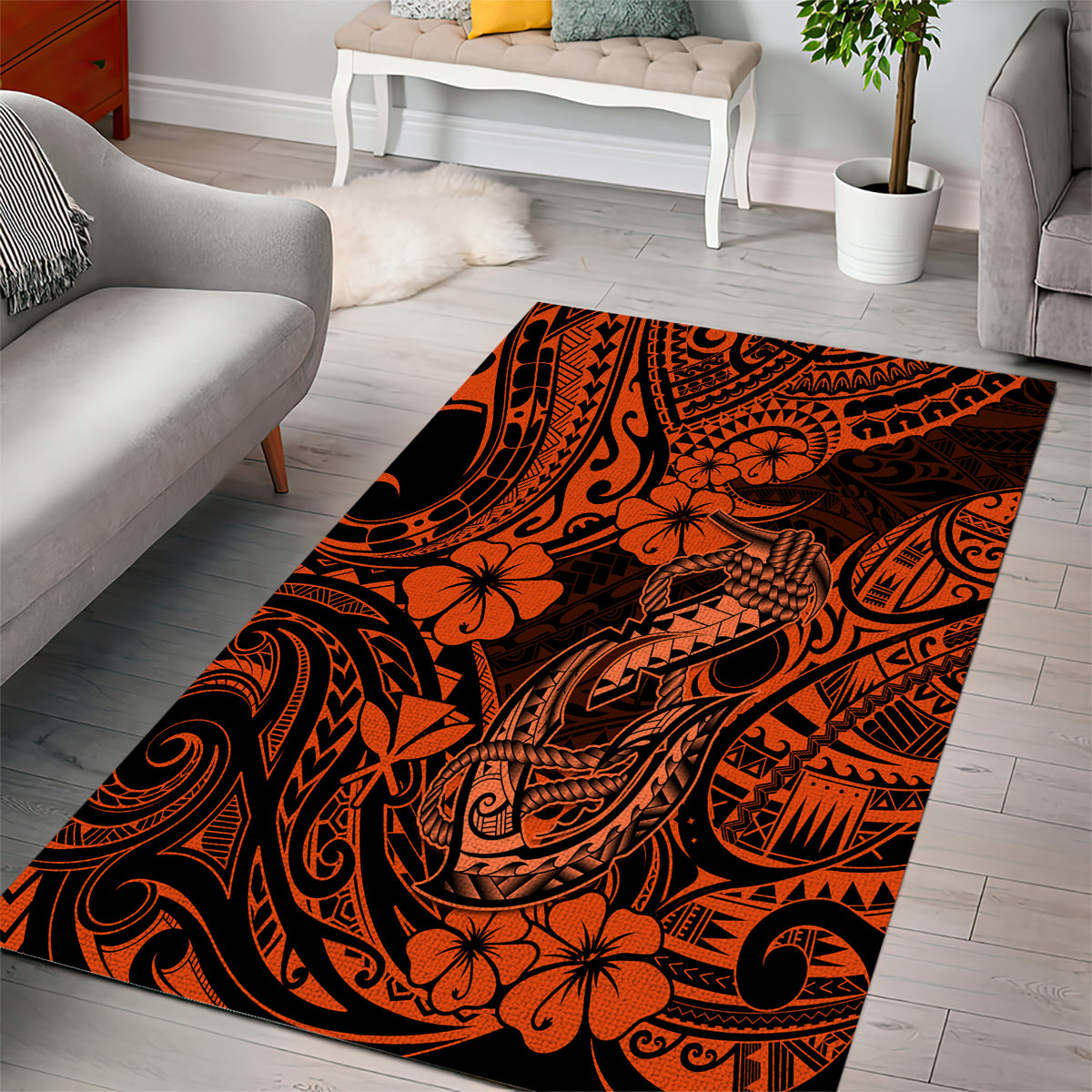 Hawaii Fish Hook Area Rug Polynesian Pattern Orange Version LT01