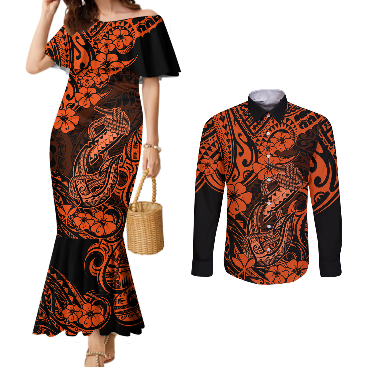 Hawaii Fish Hook Couples Matching Mermaid Dress and Long Sleeve Button Shirts Polynesian Pattern Orange Version LT01 Orange - Polynesian Pride