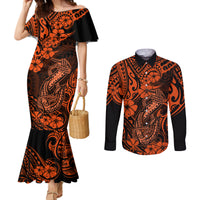 Hawaii Fish Hook Couples Matching Mermaid Dress and Long Sleeve Button Shirts Polynesian Pattern Orange Version LT01 Orange - Polynesian Pride