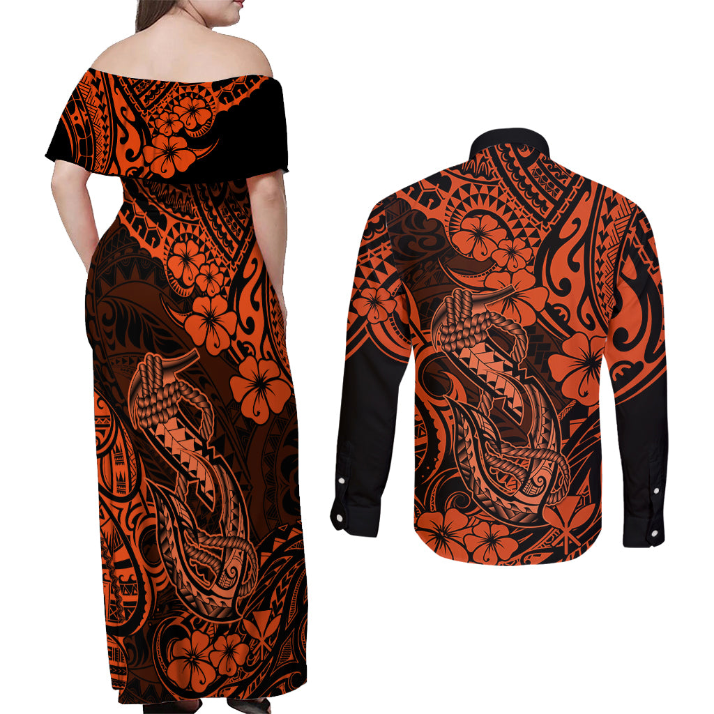 Hawaii Fish Hook Couples Matching Off Shoulder Maxi Dress and Long Sleeve Button Shirts Polynesian Pattern Orange Version LT01 - Polynesian Pride