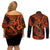 Hawaii Fish Hook Couples Matching Off Shoulder Short Dress and Long Sleeve Button Shirts Polynesian Pattern Orange Version LT01 - Polynesian Pride