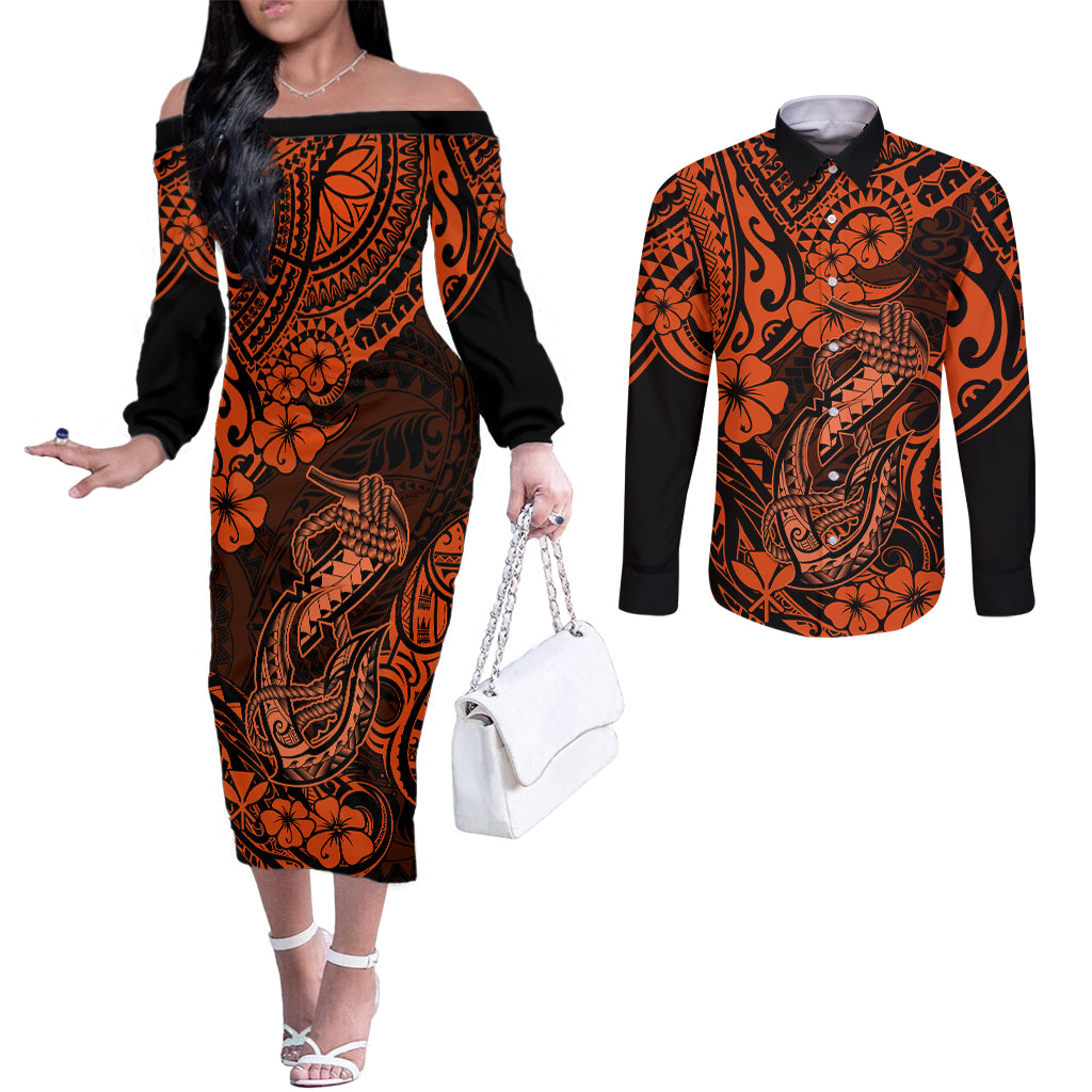 Hawaii Fish Hook Couples Matching Off The Shoulder Long Sleeve Dress and Long Sleeve Button Shirts Polynesian Pattern Orange Version LT01 Orange - Polynesian Pride