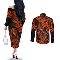 Hawaii Fish Hook Couples Matching Off The Shoulder Long Sleeve Dress and Long Sleeve Button Shirts Polynesian Pattern Orange Version LT01 - Polynesian Pride