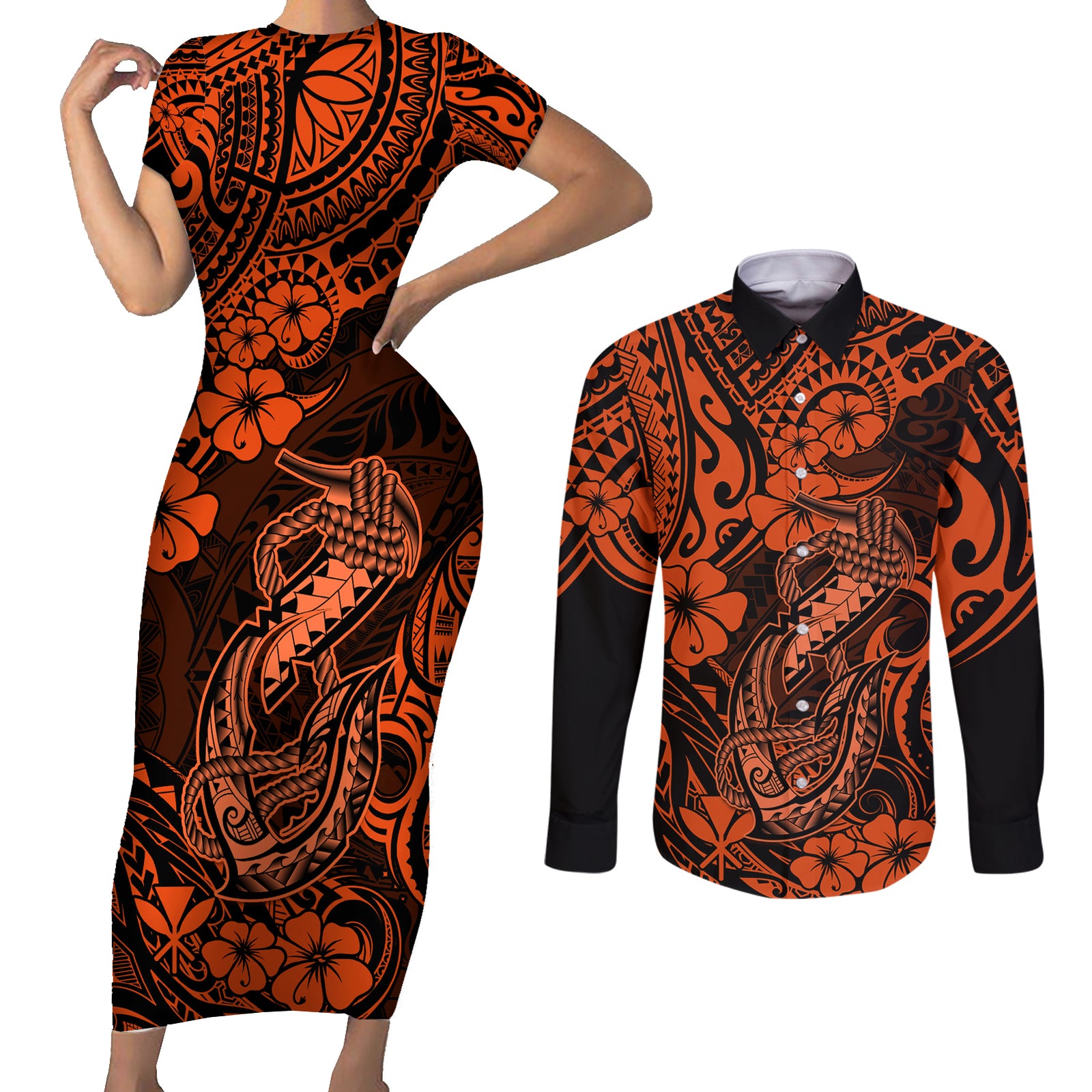 Hawaii Fish Hook Couples Matching Short Sleeve Bodycon Dress and Long Sleeve Button Shirts Polynesian Pattern Orange Version LT01 Orange - Polynesian Pride