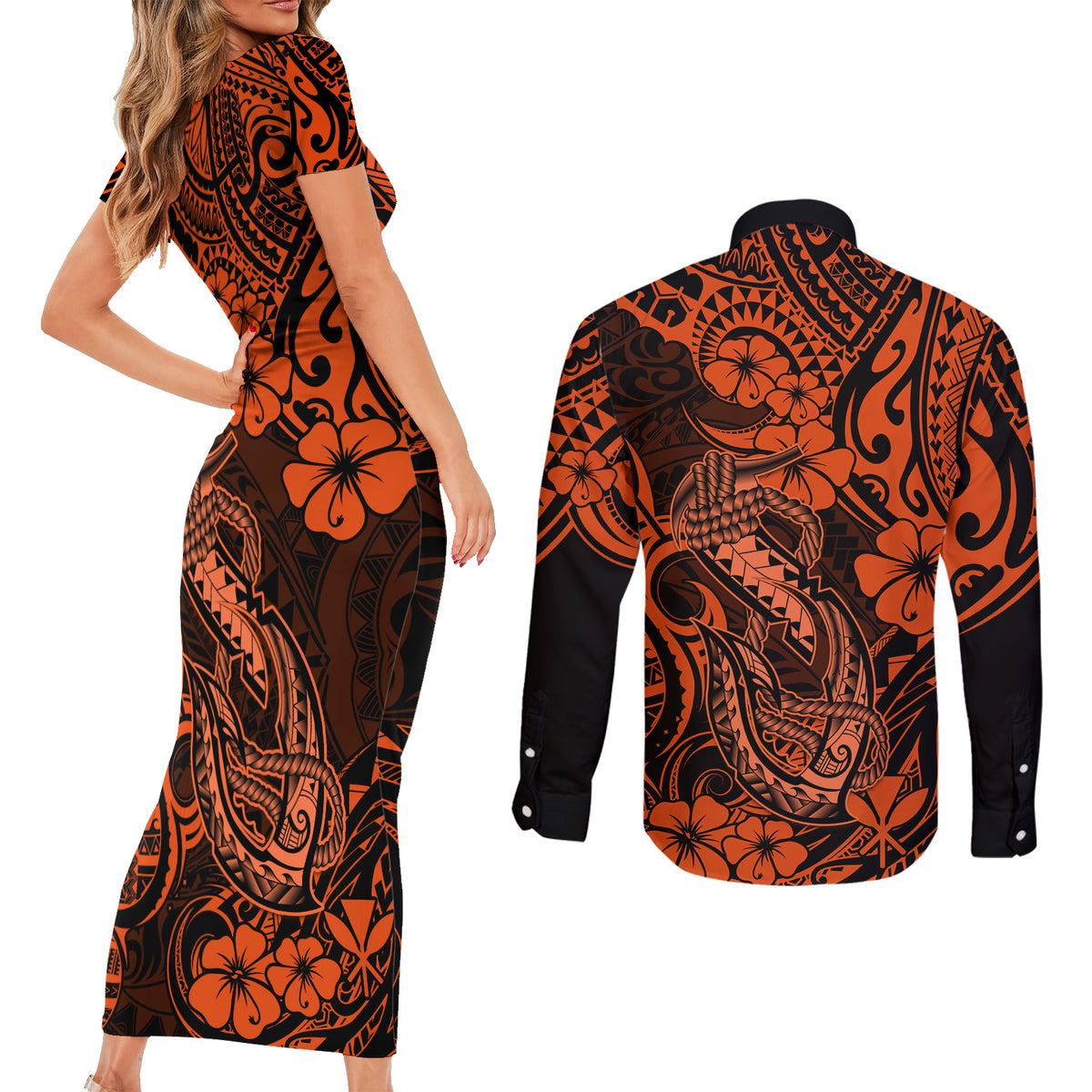 Hawaii Fish Hook Couples Matching Short Sleeve Bodycon Dress and Long Sleeve Button Shirts Polynesian Pattern Orange Version LT01 - Polynesian Pride