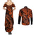 Hawaii Fish Hook Couples Matching Summer Maxi Dress and Long Sleeve Button Shirts Polynesian Pattern Orange Version LT01 - Polynesian Pride