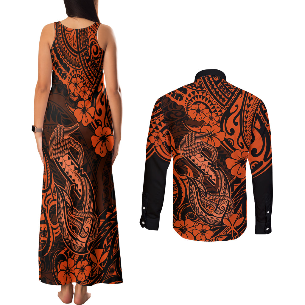 Hawaii Fish Hook Couples Matching Tank Maxi Dress and Long Sleeve Button Shirts Polynesian Pattern Orange Version LT01 - Polynesian Pride